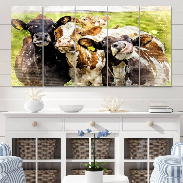 A charming triptych featuring the "Curious Cows Farmhouse Wall Art," a ready-to-hang and framed canvas print, adds a touch of rustic farm decor to the space.