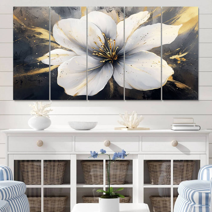 White Flower Wall Art | Canvas Print | Ready to Hang | Abstract Floral Wall Decor | Elegant Bloom Artwork | Framed for Living Room or Bedroom