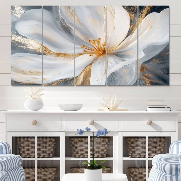 White and Gold Floral Canvas Wall Art - Framed and Ready to Hang - Perfect for Modern Living Rooms