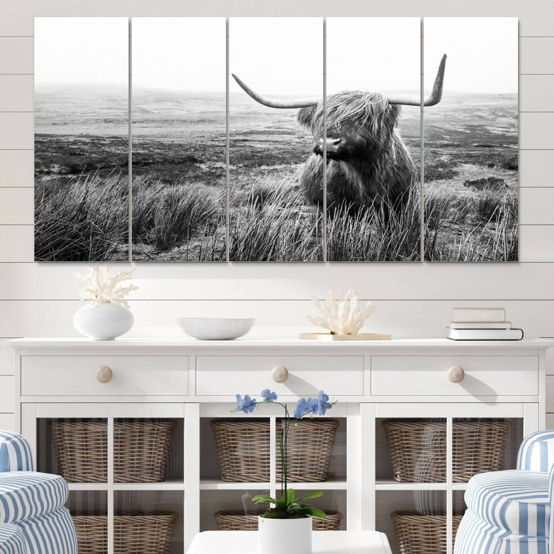 Scottish Highland Cow Wall Art | Black and White Canvas Print | Ready to Hang and Framed | Rustic Farmhouse Wall Decor for Living Room or Office