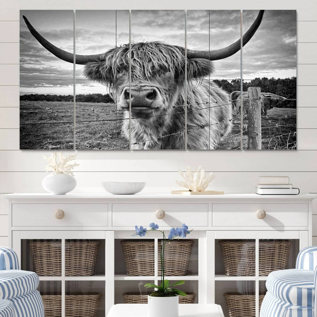 Scottish Highland Cow Wall Art Canvas Print | Ready to Hang and Framed | Rustic Farmhouse Decor