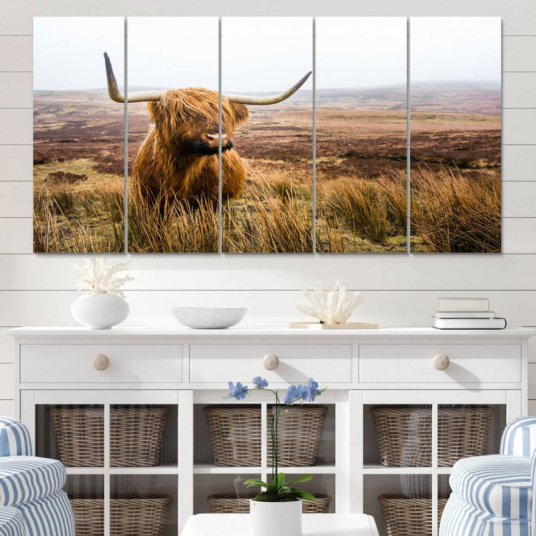 Scottish Highland Cow Wall Art Canvas Print | Ready to Hang and Framed | Rustic Farmhouse Decor for Living Room or Cabin