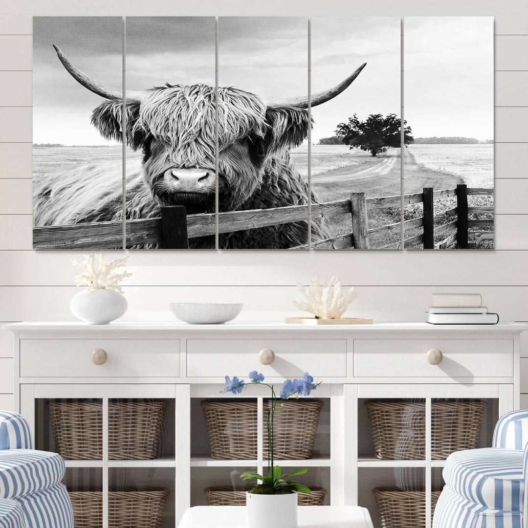 Scottish Highland Cow Wall Art | Rustic Farmhouse Décor | Black and White Ready to Hang Canvas Print