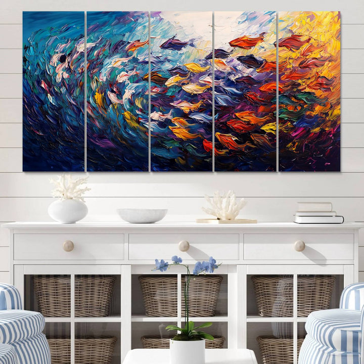 Vibrant Abstract Fish Swarm Art – Colorful Fish Inspired 3-Piece Canvas Wall Art for Living Room or Office – Framed and Ready to Hang