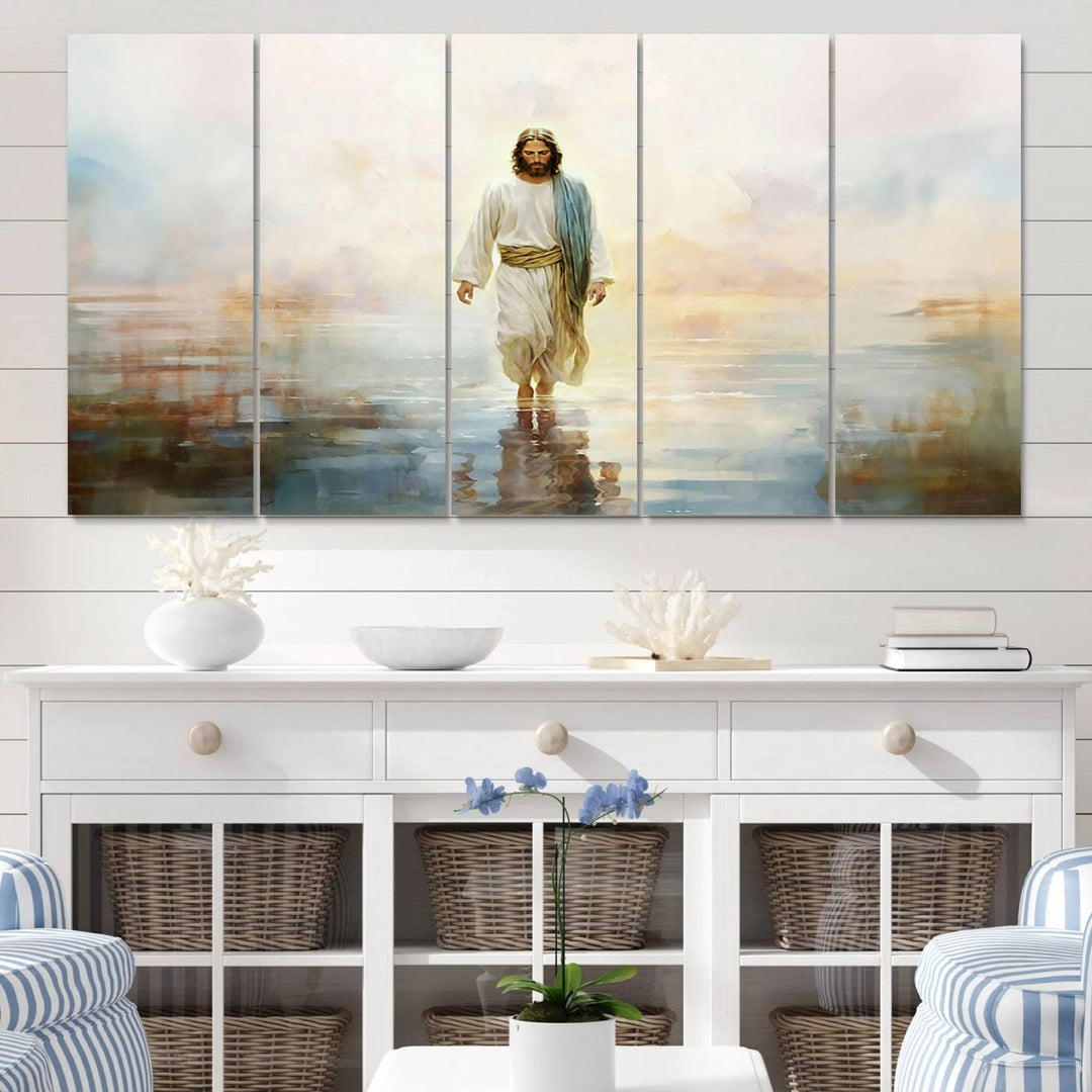 Framed Jesus Walking on Water Wall Art - 3-Panel Christian Canvas Prints, Religious Artwork, Ready to Hang Home Decor for Living Room, Office, or Church