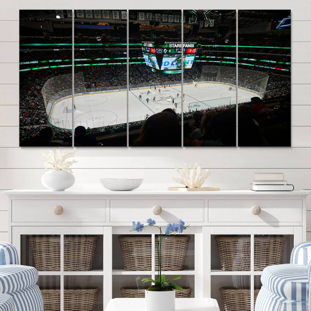 The Dallas Stars Wall Art Canvas Print is as clear as the scoreboard stats at a hockey game in a large arena with bright lights.