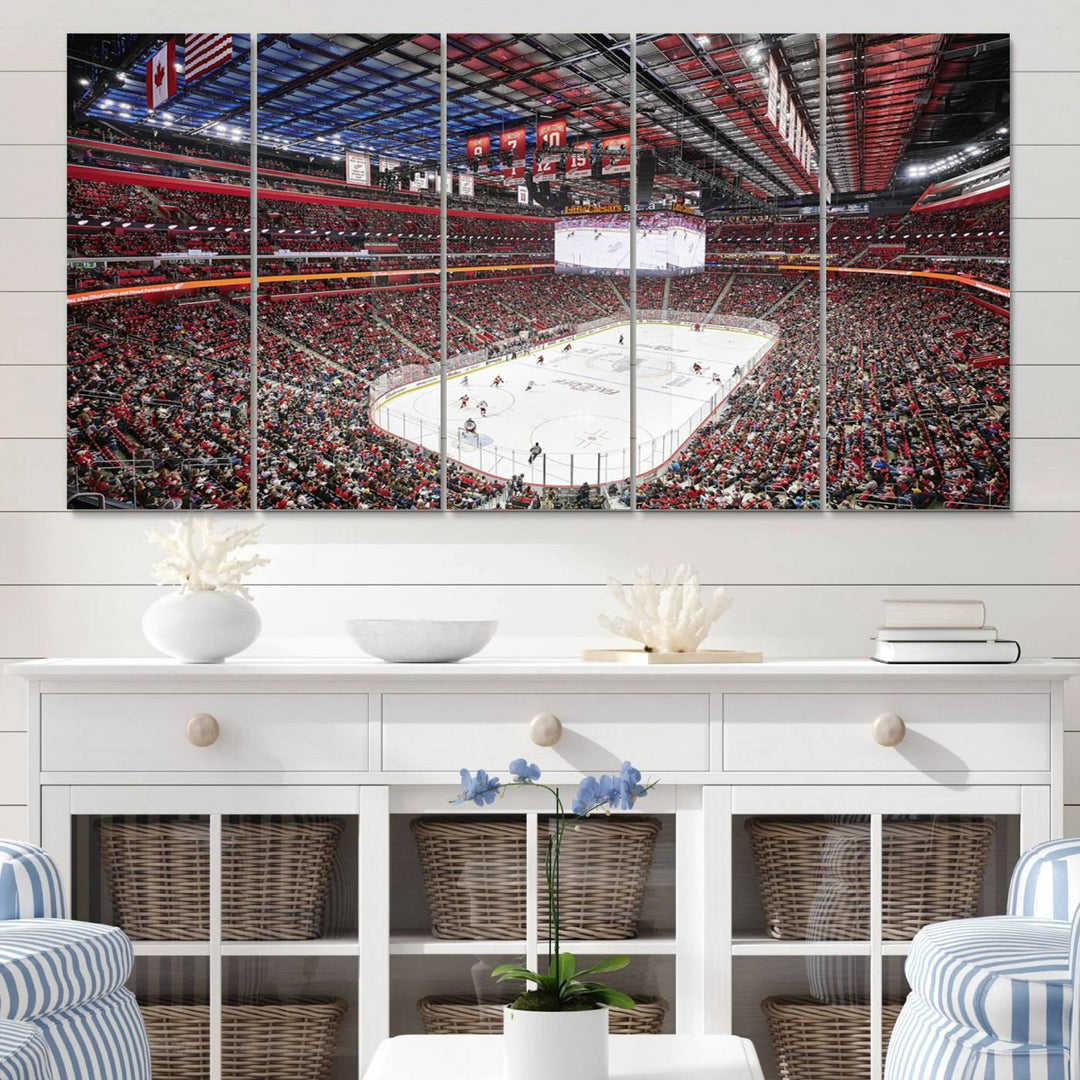 A Barton Malow canvas depicting Little Caesars Arena from above is beautifully printed in high resolution for your wall.