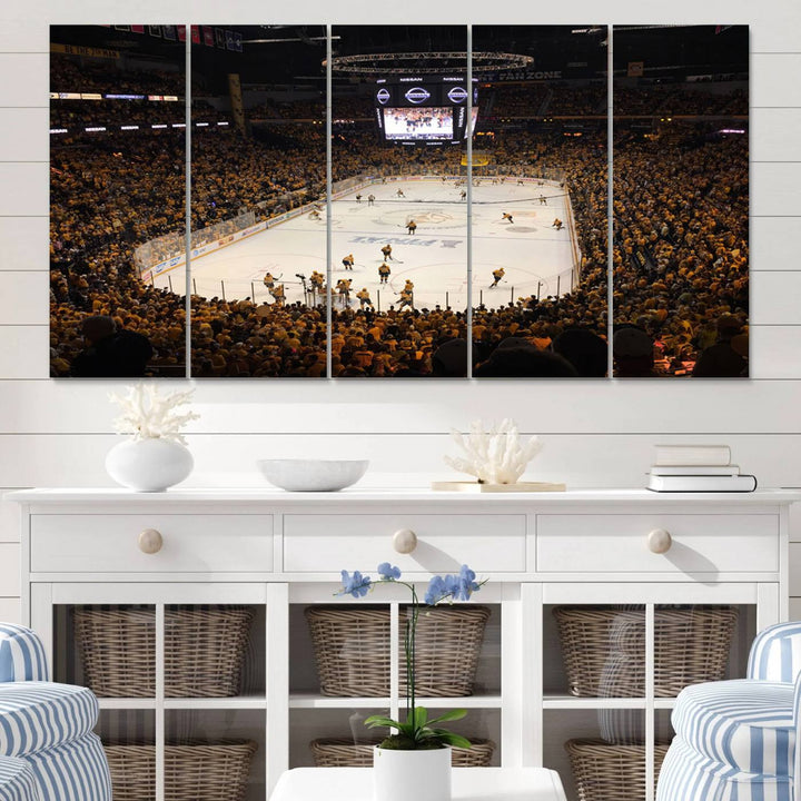 A captivating triptych canvas print, titled "Bridgestone Arena - Nashville Predators Hockey Team Print," adorns the wall. This Nashville wall art canvas print is perfect for Predators fans who appreciate sports-themed decor.