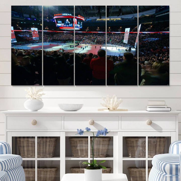 Experience the intense atmosphere of a full-capacity ice hockey game at Rogers Arena, home of the Vancouver Canucks, captured on museum-quality canvas.