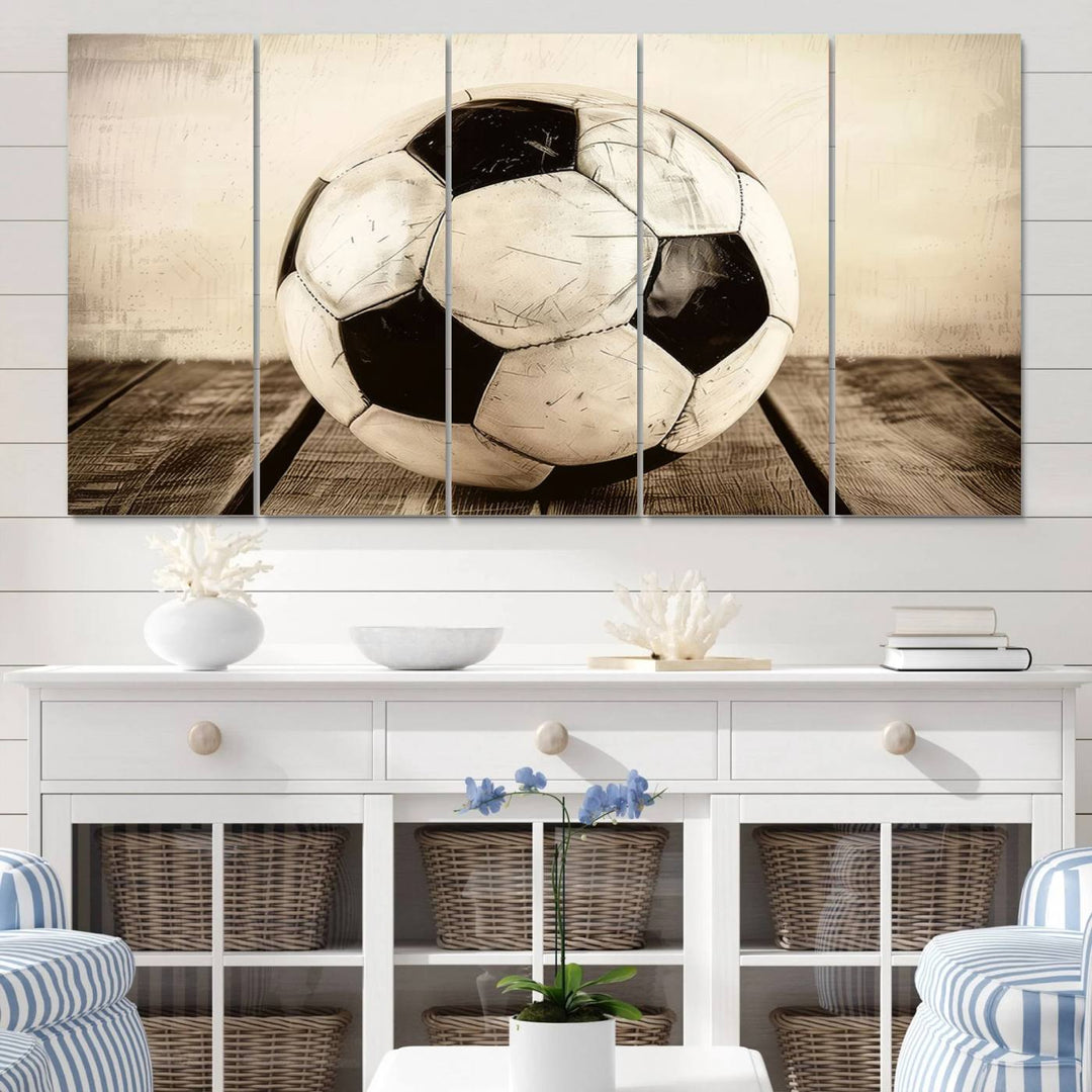 Vintage Soccer Ball Triptych Canvas Art – 3-Panel Soccer Wall Decor, Framed and Ready to Hang Sports Art for Home, Office, or Gym