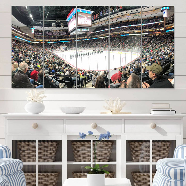 The Xcel Energy Center St Paul Minnesota Wild Ice Hockey Stadium Wall Art Canvas Print captures a packed hockey arena with spectators watching players on the ice. It is elegantly preserved on museum-quality canvas with vibrant details protected by a UV-protective coating.