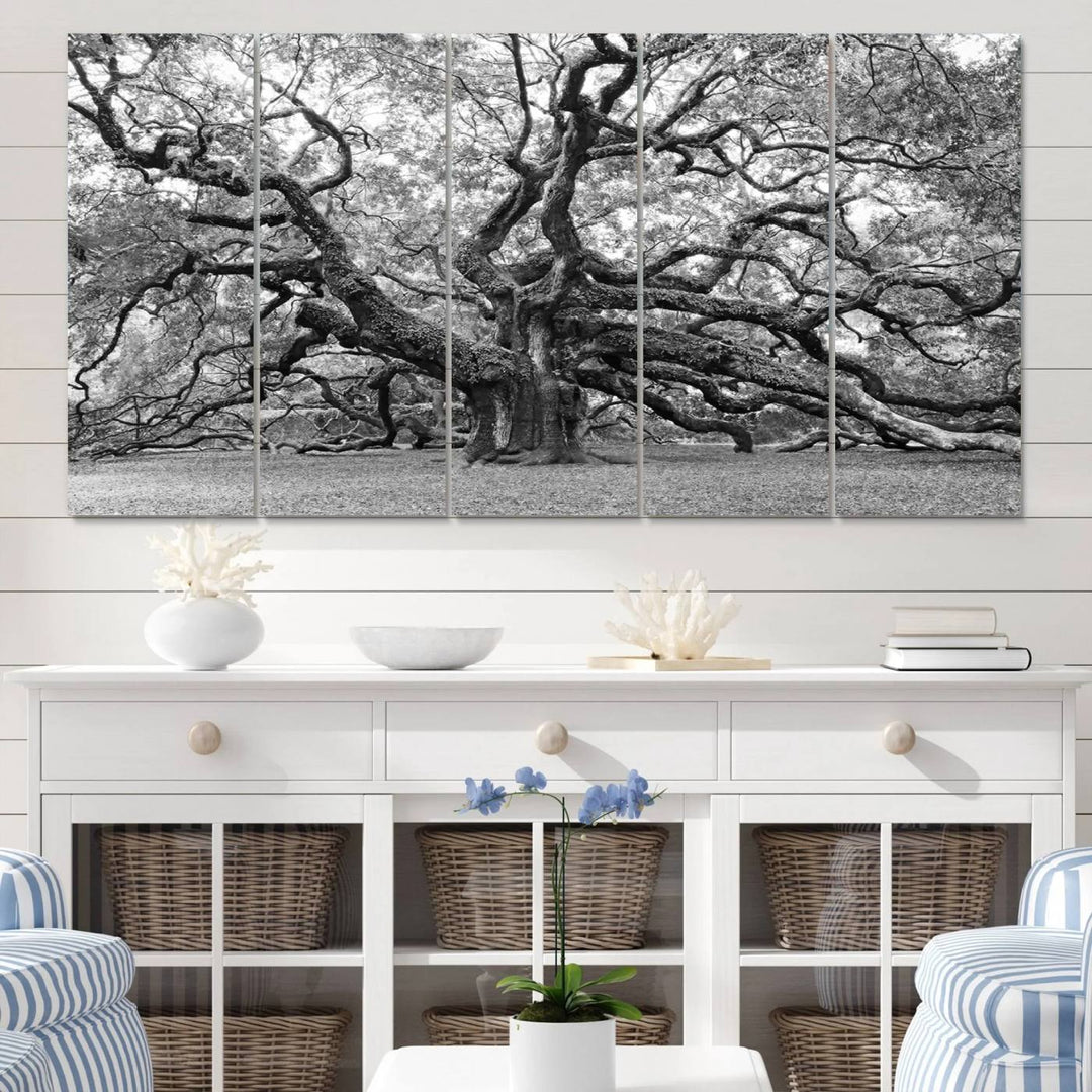 Black White Angel Oak Tree Wall Art - Timeless Nature-Inspired Canvas for Rustic, Modern, or Traditional Home Decor