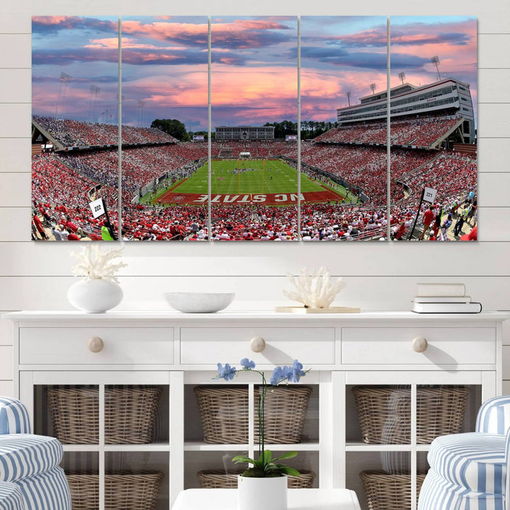 Carter-Finley Stadium Sunset Game Triple Canvas Wall Art - NC State Wolfpack Football Match