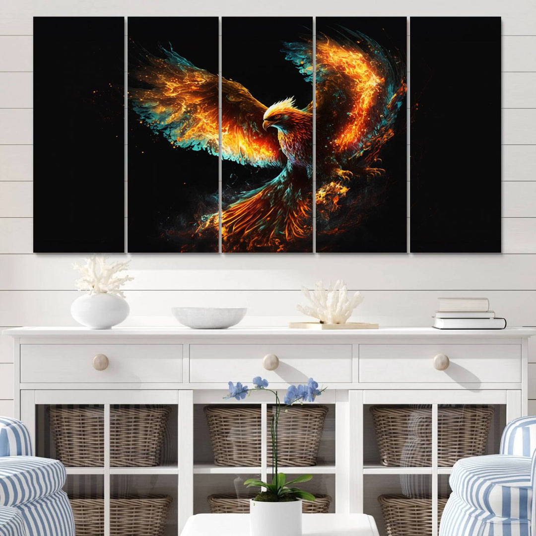 Fiery Phoenix Canvas Print | Ready to Hang Wall Art | Bold Fantasy Decor for Living Room | Majestic Bird Artwork