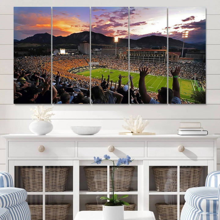 The Folsom Field Stadium Print beautifully captures the Colorado Buffaloes stadium at sunset, set against a stunning mountain backdrop.