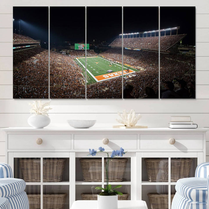 A football game at a packed stadium is captured on the University of Texas Longhorns Stadium Canvas Print.