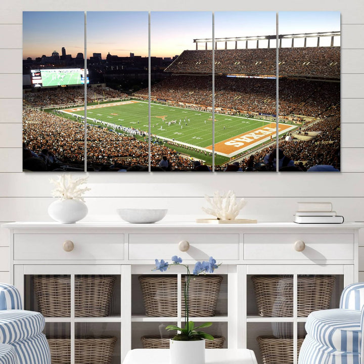 The Evening Game canvas art captures a glowing sunset and skyline at Texas Longhorns Darrell K Royal Stadium.