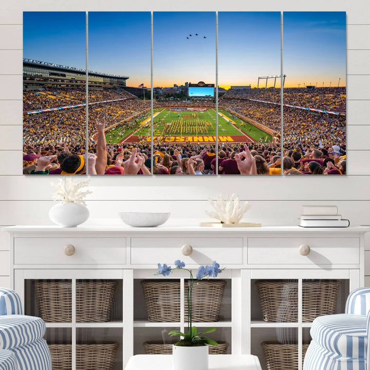 Canvas wall art featuring the University of Minnesota Football Team print, showcasing Huntington Bank Stadium at sunset with jets overhead.