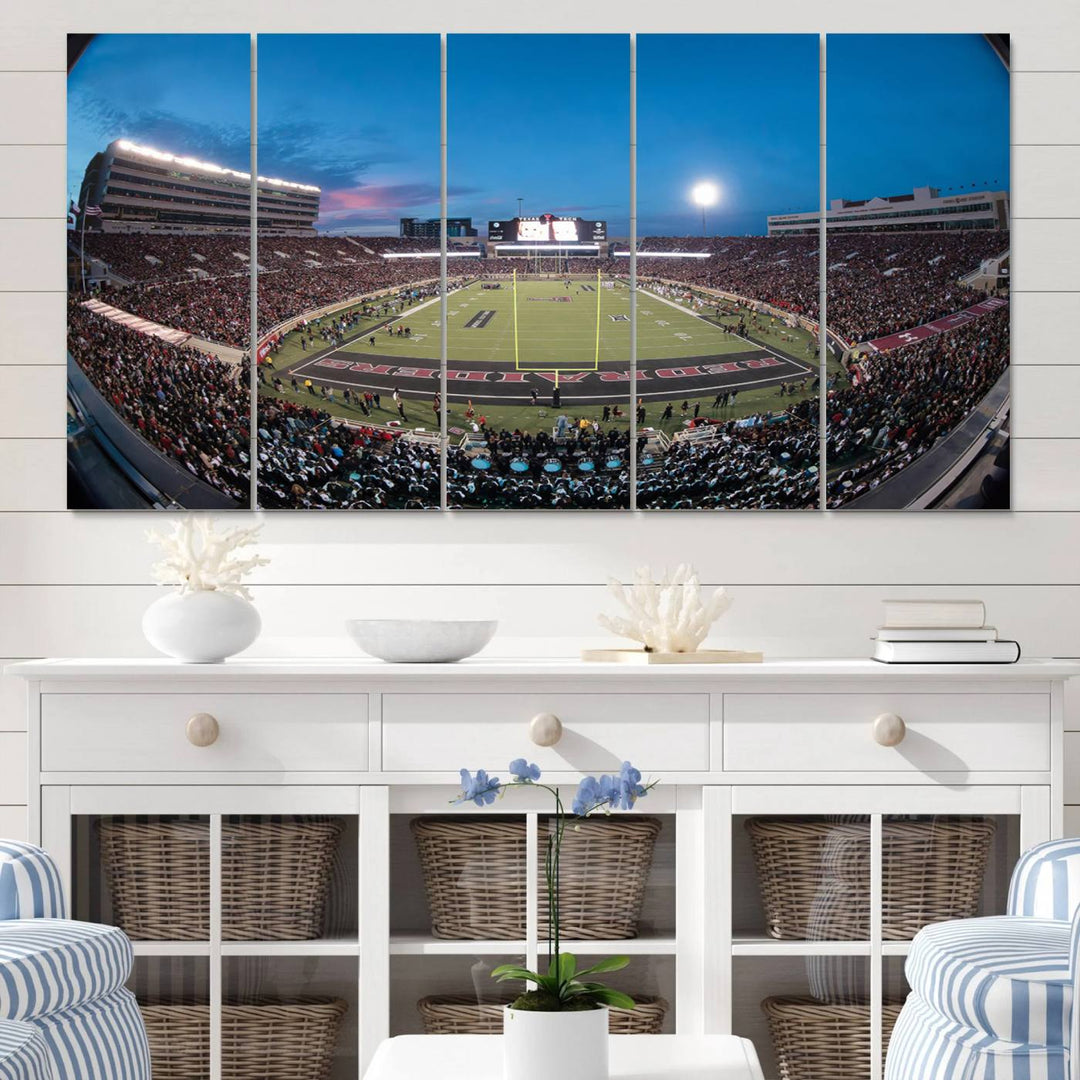 The wall art in the living room features a Texas Tech Red Raiders Football Team Print, showcasing Jones AT&T Stadium at dusk.