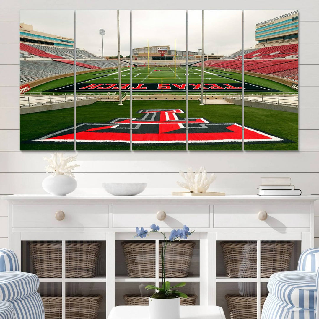 Gallery-quality print of Lubbock Jones AT&T Stadium featuring the Texas Tech Red Raiders field, highlighted by red and gray bleachers.