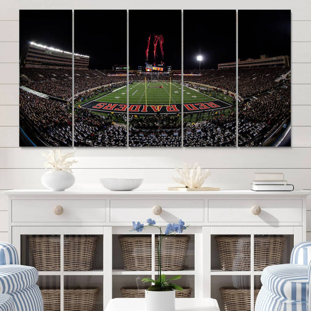 The wall features a Texas Tech Red Raiders Football Team Print on canvas, showcasing fireworks over a packed stadium at night.