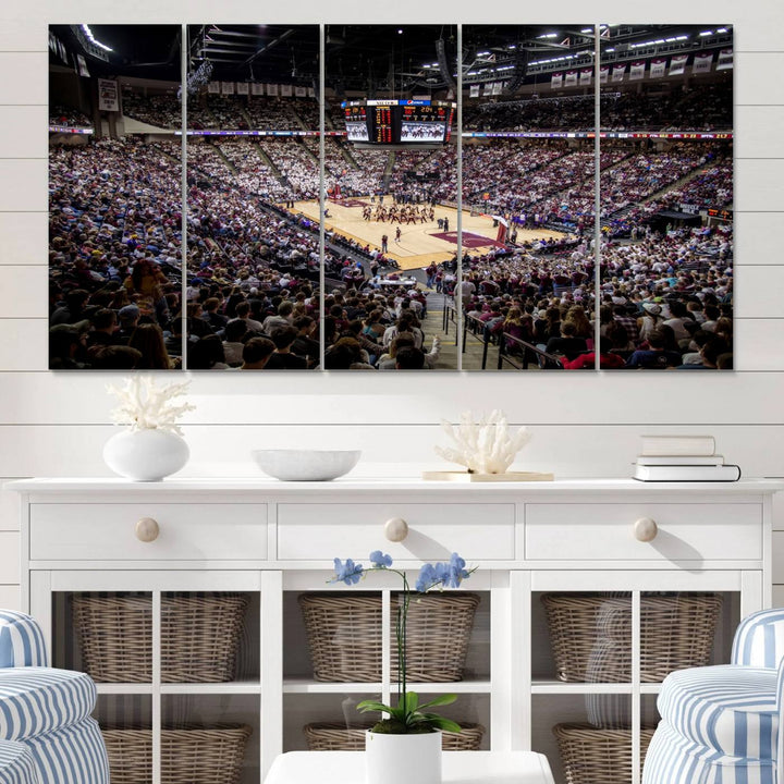 The Nebraska Basketball Arena Wall Art Canvas features an arena filled with Cornhuskers fans and players beneath a scoreboard.