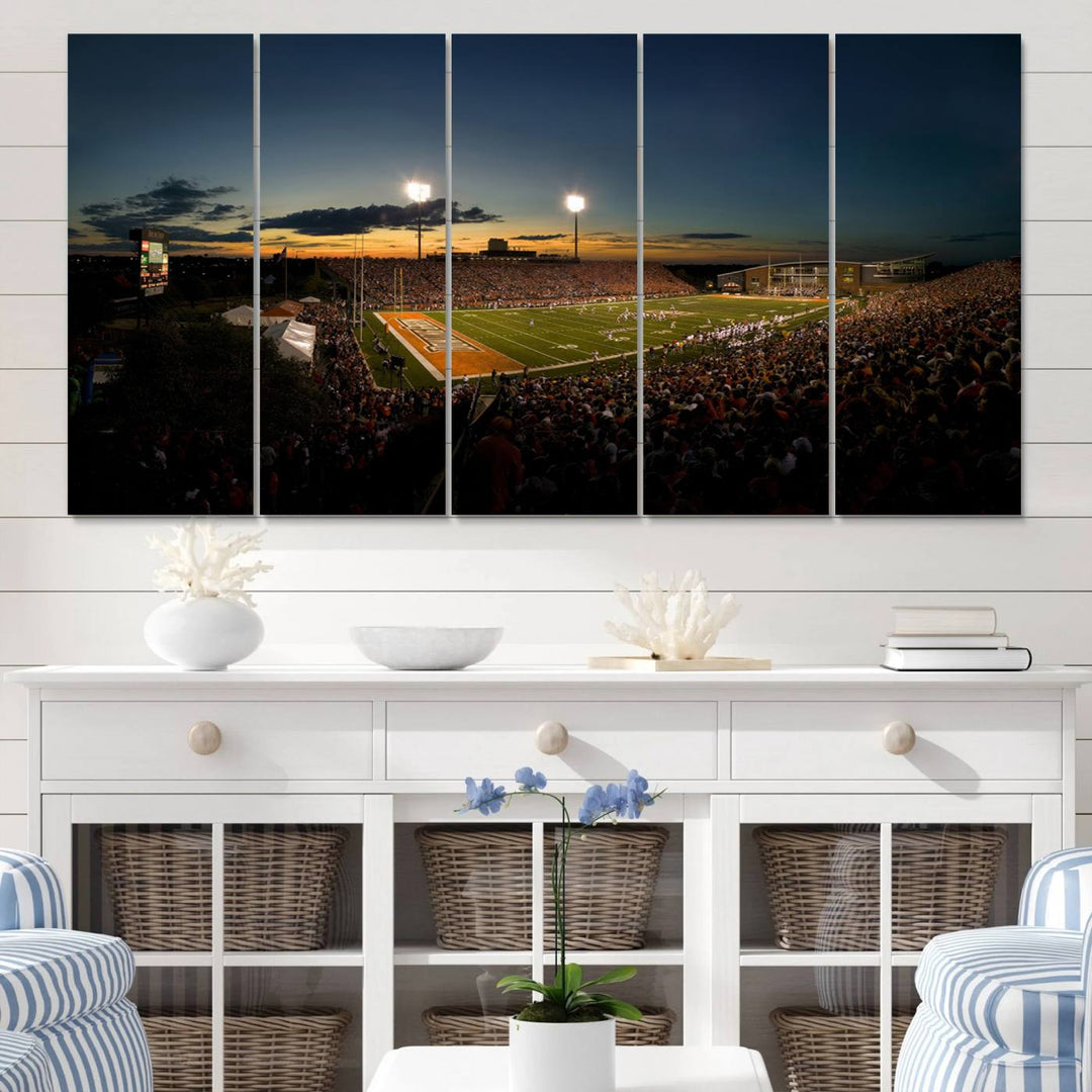 Ball State Cardinals Football Team Print - Muncie Scheumann Stadium Canvas featuring a sunset, floodlights, and lively crowd.