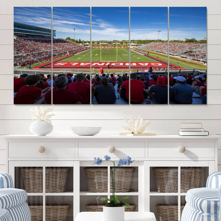 The Ball State Cardinals wall art on canvas depicts fans in red at Scheumann Stadium.