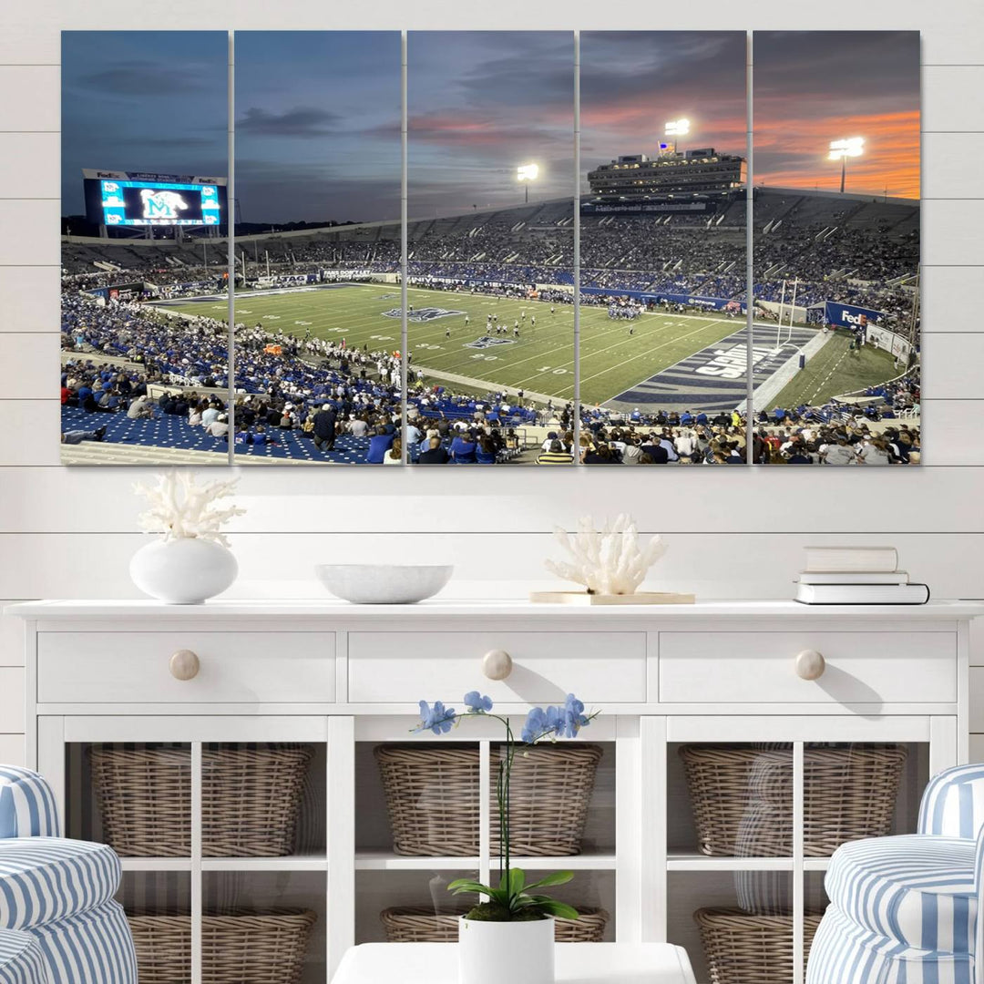 A Memphis Tigers football canvas print of Simmons Bank Liberty Stadium at sunset enhances the living room.