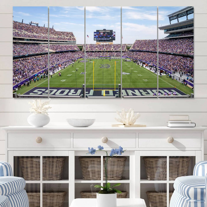 The TCU Horned Frogs print portrays a vibrant Amon G. Carter Stadium, filled with energy and game action.