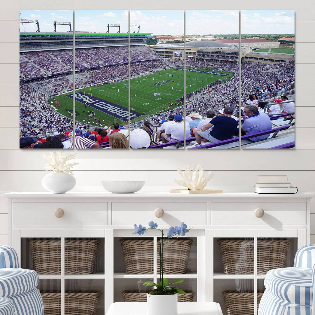 Amon G. Carter Stadium wall art canvas showcasing the TCU Horned Frogs and packed stands at Fort Worth.