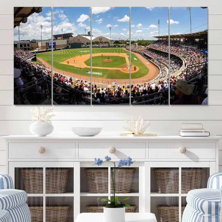 A baseball stadium under a blue sky, capturing the energy of The Texas A&M Aggies Athletics Kyle Field Wall Art.