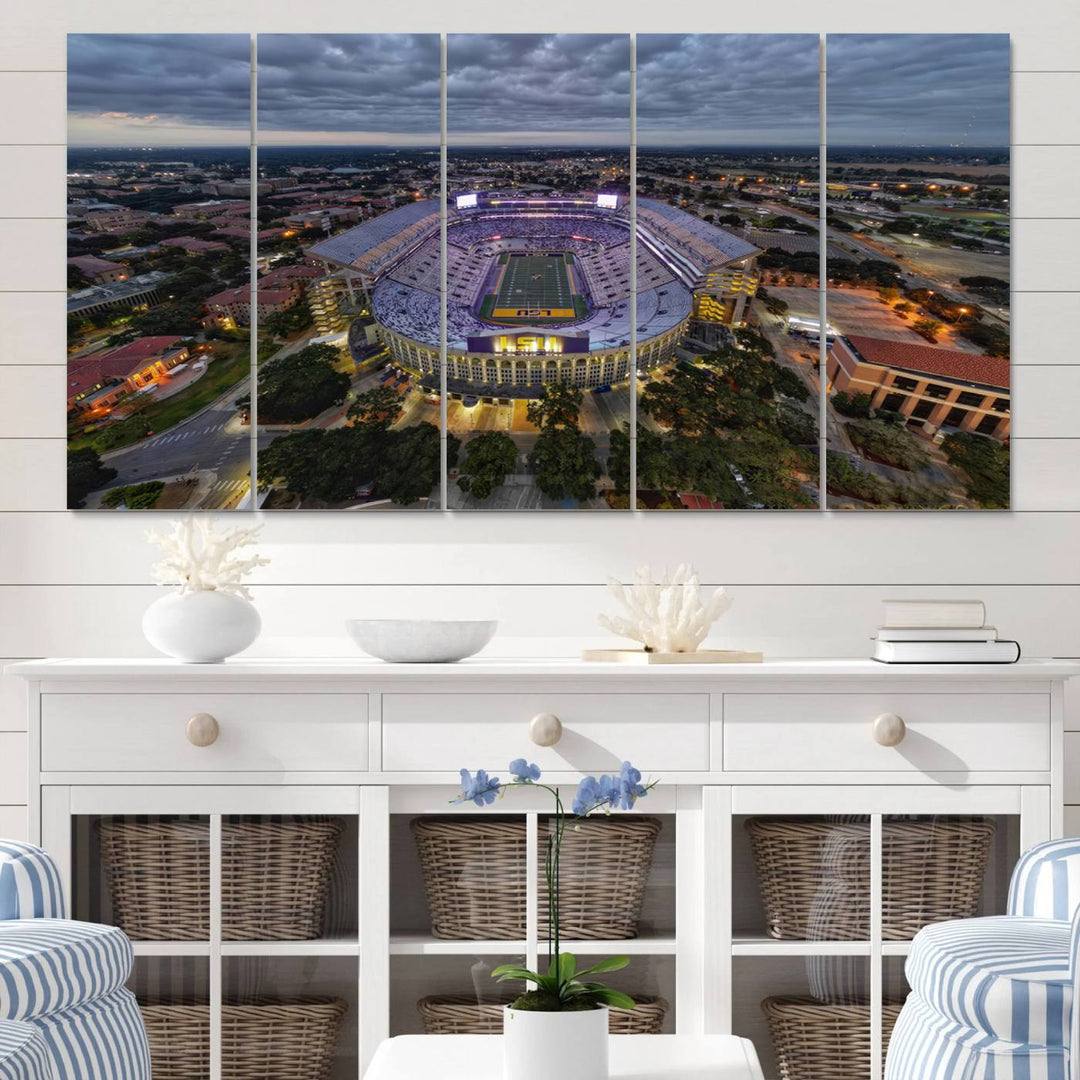 The LSU Tigers Football Team Baton Rouge Tiger Stadium Canvas is displayed prominently, capturing attention with its vivid depiction of the iconic stadium.