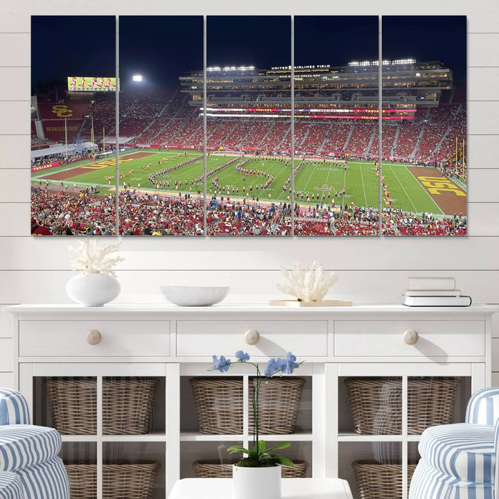 Canvas print depicting a packed stadium at night with a marching band forming USC, celebrating the Trojans at Los Angeles Memorial Coliseum.