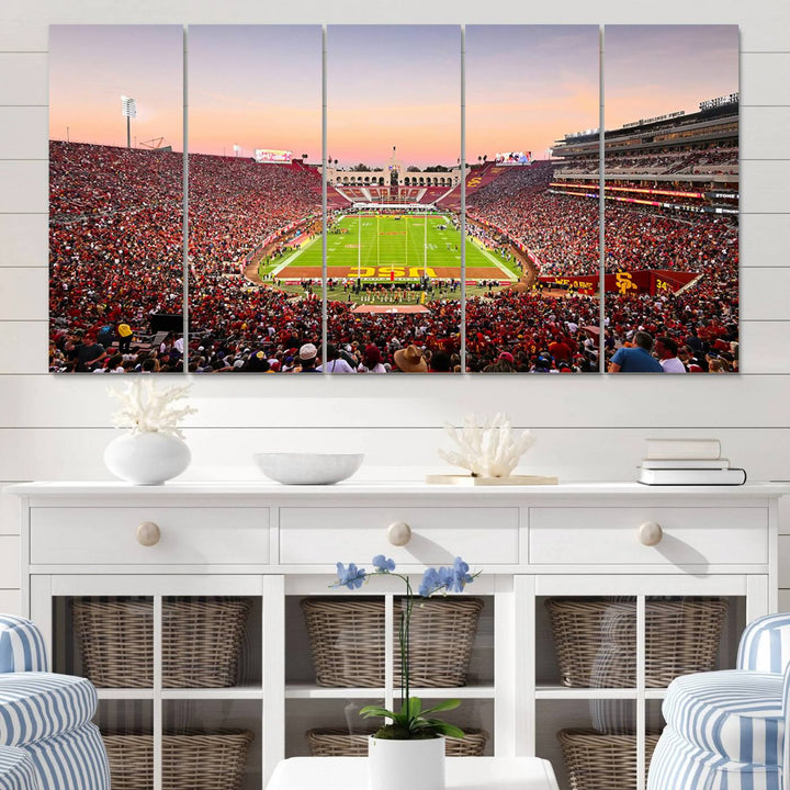 A USC Trojans wall art canvas print highlights the scene, depicting the Coliseum Stadium at sunset.