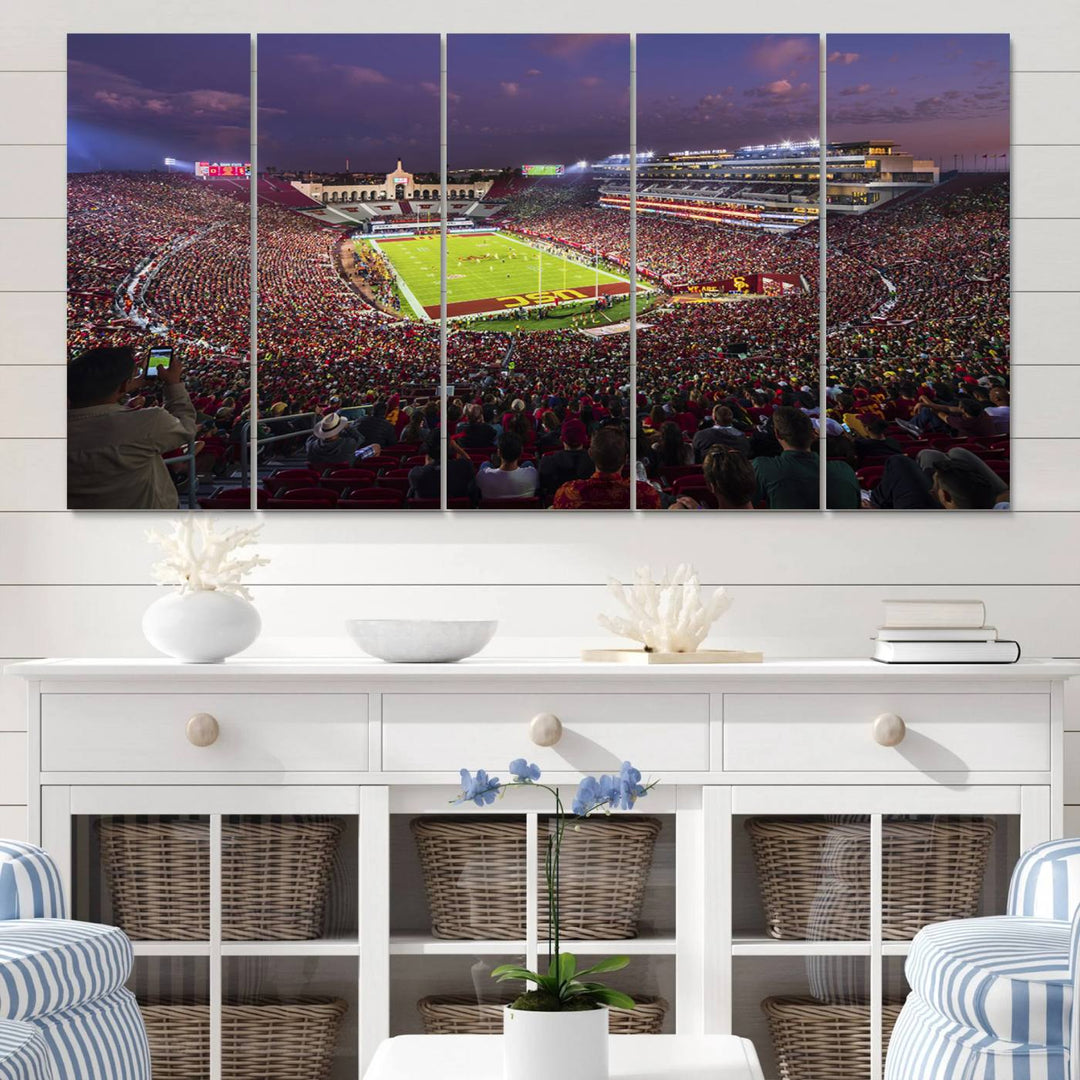 The vibrant wall art canvas print captures the USC Trojans playing under lights at dusk in LA Memorial Coliseum.