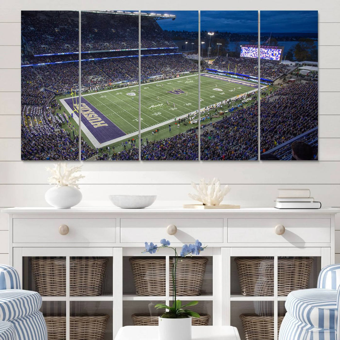 The University of Washington Huskies Football Team Print: Seattle Husky Stadium Wall Art Canvas captures a dusk stadium view.