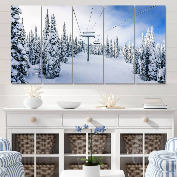 Winter Ski Lift Landscape Wall Art | Snowy Mountain Adventure | Framed and Ready to Hang | Perfect for Cabin Wall Art, Farmhouse Decor