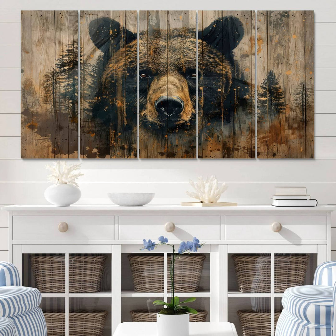 The Abstract 399 Bear Wall Art, featuring a rustic cabin theme with forest design, is framed and ready to hang. It's ideal for lodge, cabin, and barn decor and perfectly complements the nature lover's aesthetic.