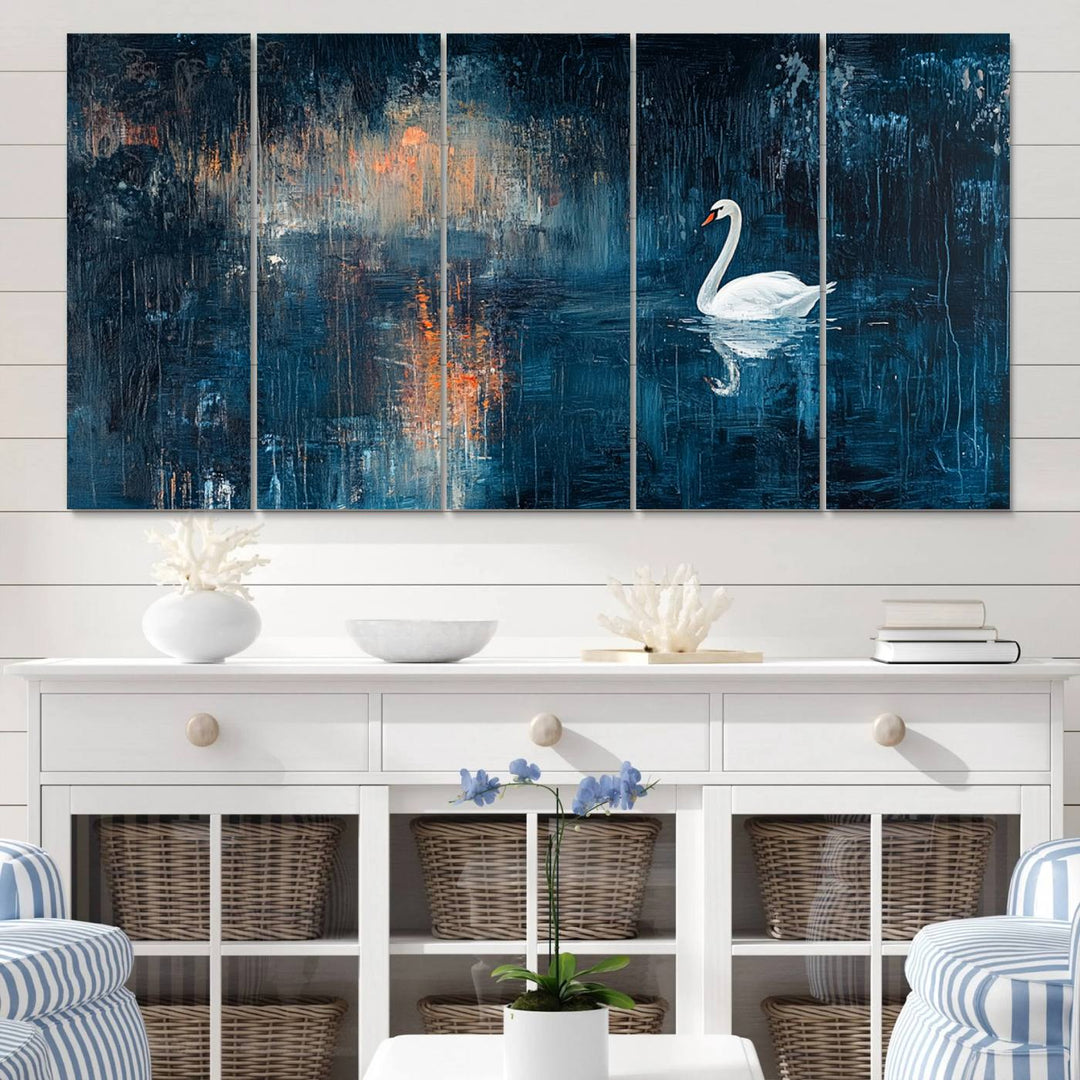 Abstract Swan Wall Art | Moody Blue and Orange Swan Painting on Canvas | Framed and Ready to Hang | Elegant and Modern Art for Living Room or Bedroom Decor