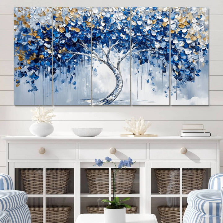 Elegant Blue and Gold Abstract Tree Wall Art | Textured Modern Tree of Life Painting | Framed Canvas Print | Ready to Hang for Dining Room Decor