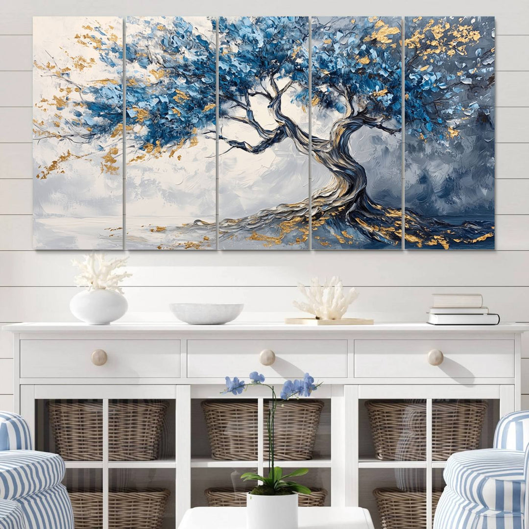 Elegant Abstract Tree Canvas Wall Art | Tree of Life Painting | Textured Art in Blue and Gold | Framed & Ready to Hang for Modern Living Room Decor