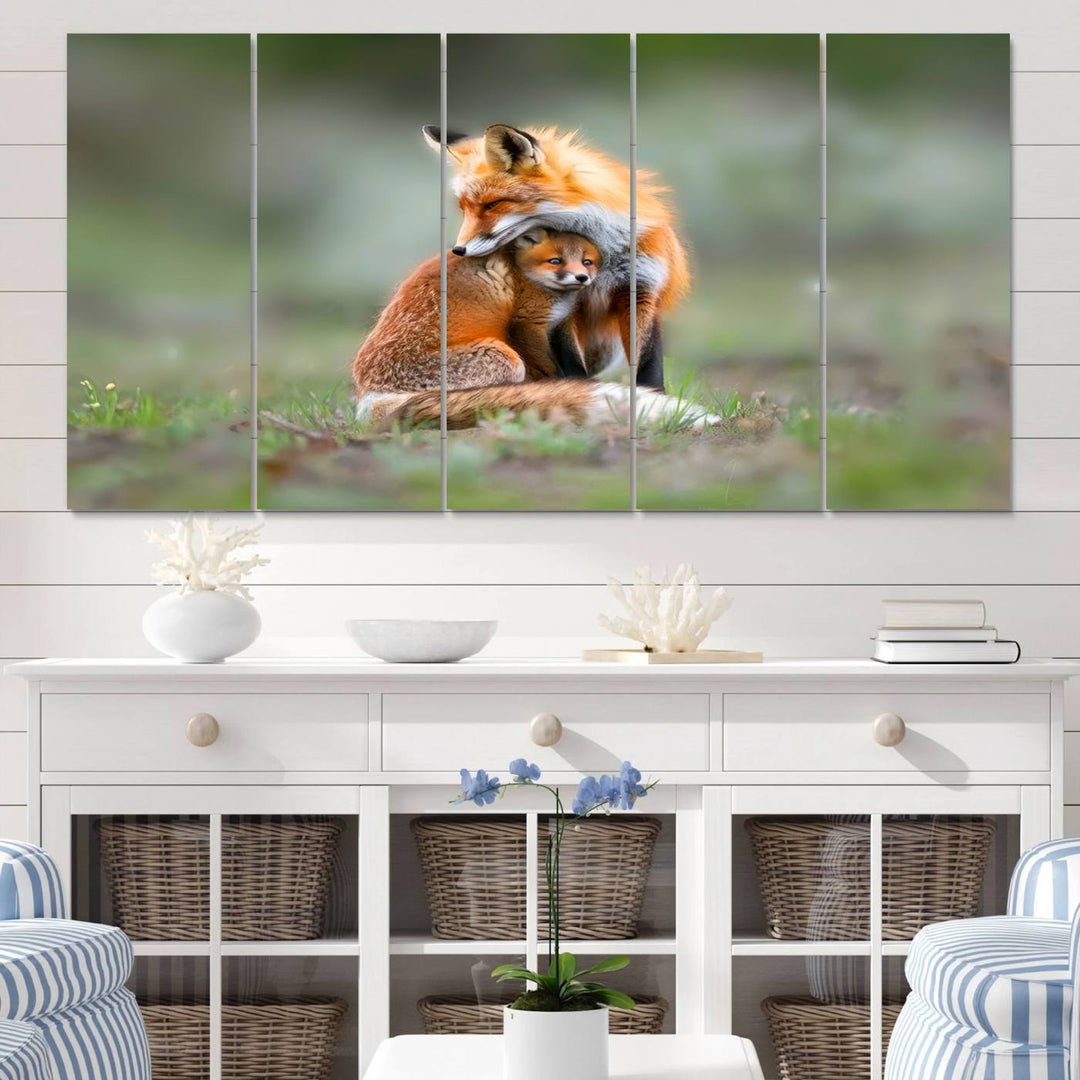 Heartwarming Fox and Baby Cub Wall Art | Ready to Hang Canvas Print of Foxes in Nature | Perfect for Animal Lovers, Rustic Decor, and Cabin Wall Art