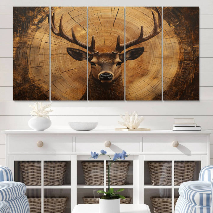 Deer Wall Art Canvas Print | Ready to Hang Canvas Print of a Stag with Rustic Tree Rings | Perfect for Farmhouse Wall Decor, Cabin Wall Art