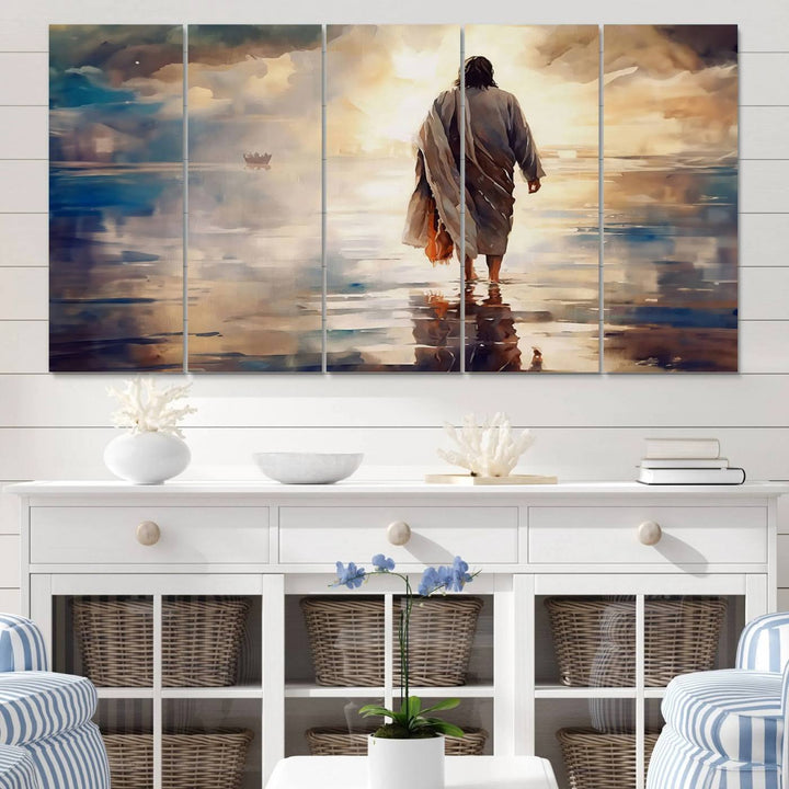 Jesus Walking on Water Wall Art | Ready to Hang Spiritual Triptych Canvas Print | Inspirational Christian Decor for Home or Church