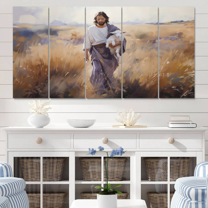 Jesus the Good Shepherd Wall Art Canvas Print - Lost Lamb  Print for Prayer Room Decor