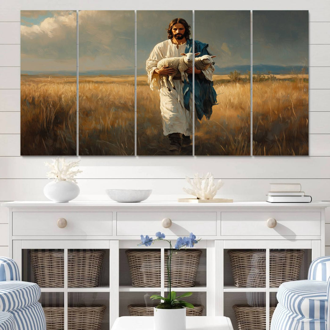 Jesus Shepherd Wall Art | Ready to Hang Triptych Canvas of Jesus Holding a Lamb in a Field | Inspirational Christian Decor for Home