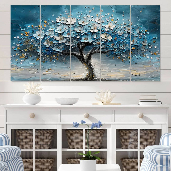 Abstract Blooming Tree Wall Art Print features blue, white, and gold textures on museum-quality canvas, perfect for modern decor.