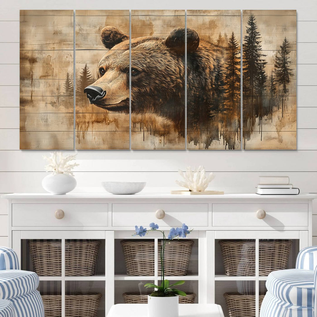 Abstract Rustic Grizzly Bear Wall Art Canvas Print - Woodland Wildlife Forest Print for Farmhouse Decor