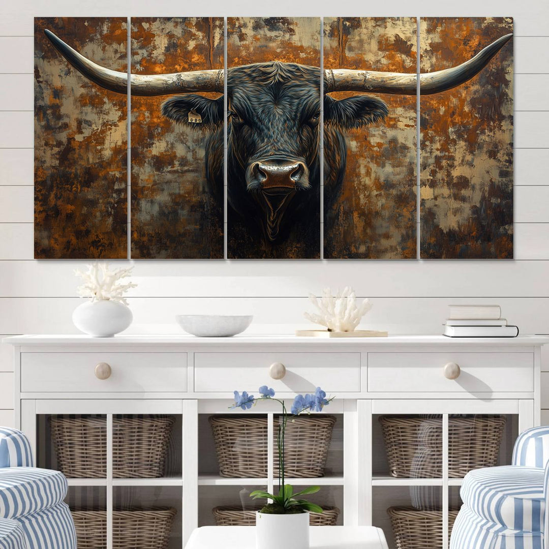 Abstract Longhorn Texas Bull Wall Art | Rustic Farmhouse Canvas Print | Ready to Hang Barn Decor for Farmhouse and Cabin Style